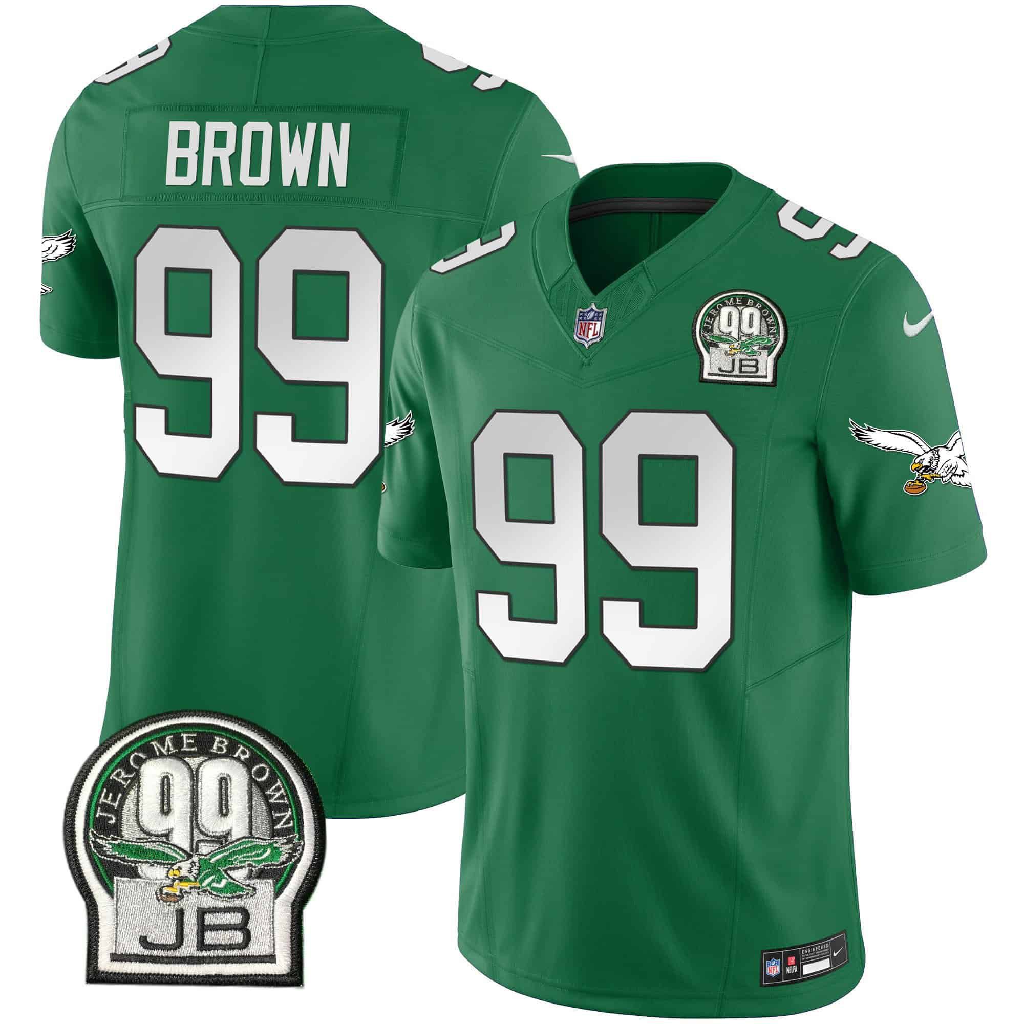 Men Philadelphia Eagles #99 Brown Green 2024 Nike Jerome Brown Patch Alternate Limited NFL Jersey style 1